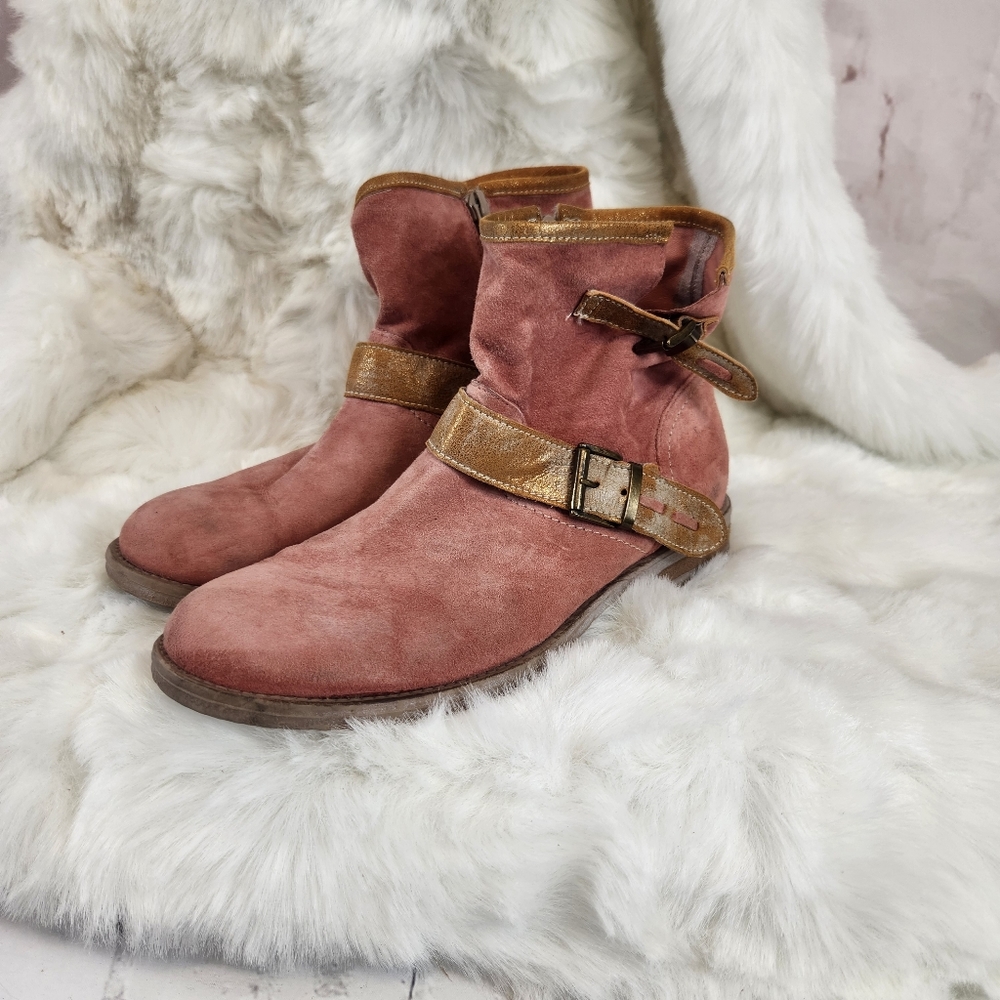 Sundance Suede Zip-Up Gold Buckle Booties